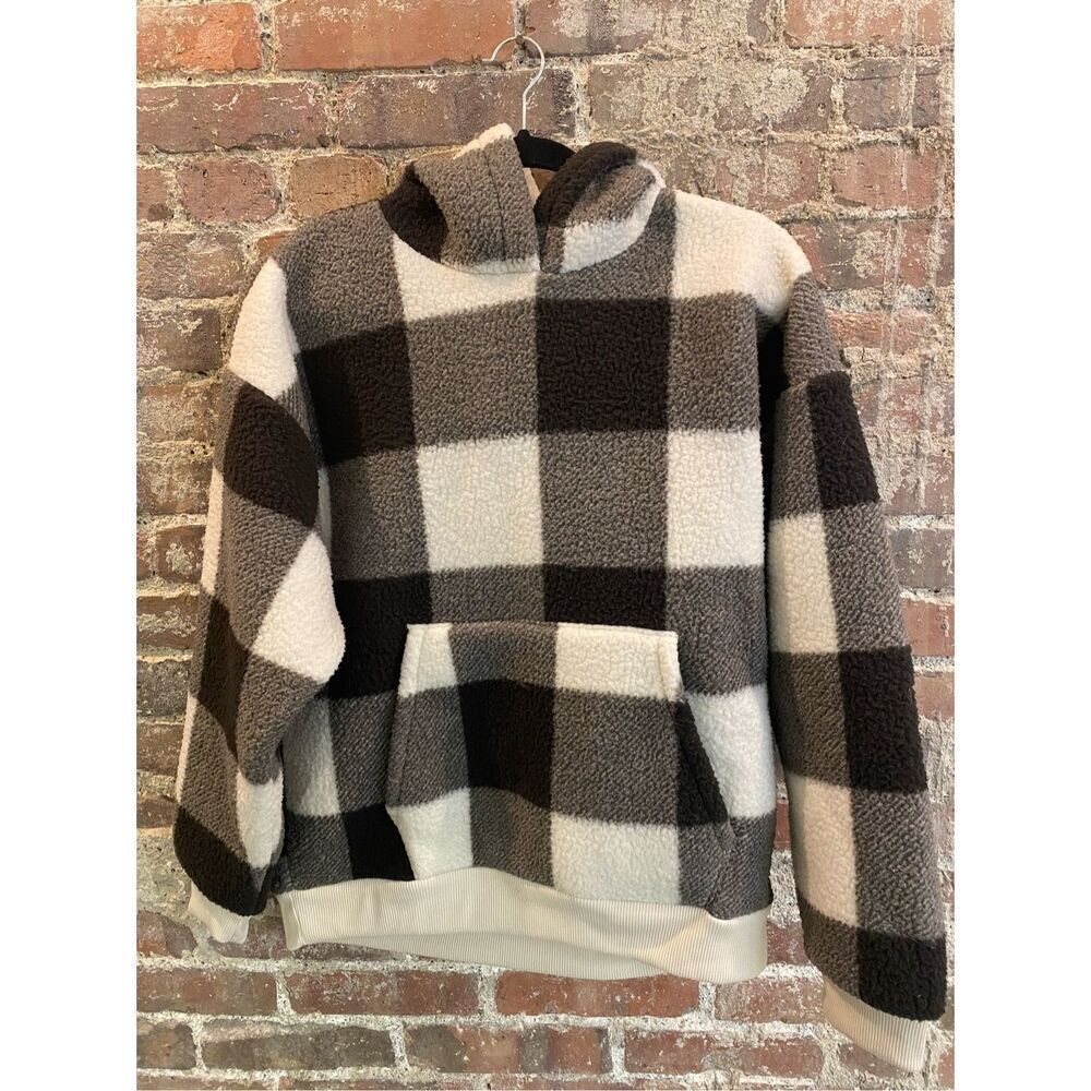 American Eagle Plaid Black/White Plush Fleece Hoodie Pull-over Sweater Women’s M